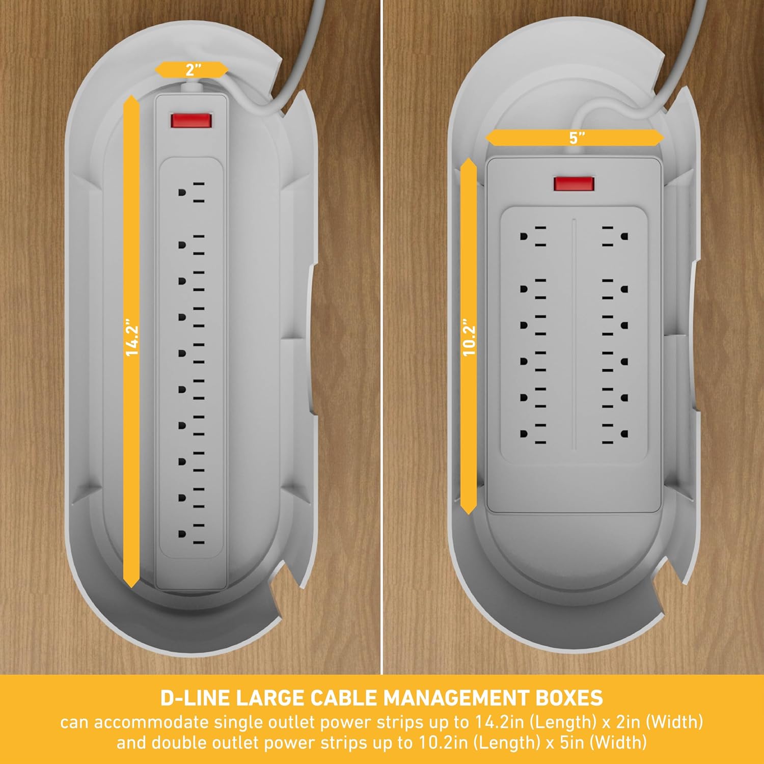D-Line Cable Management Box, Power Strip Holder, Floor Outlet Hiders, Desk Cord Organizer, Cover TV Wires, Wire Storage, Extension Hider, Office Concealer for Cords - Large, Wood-Effect Lid