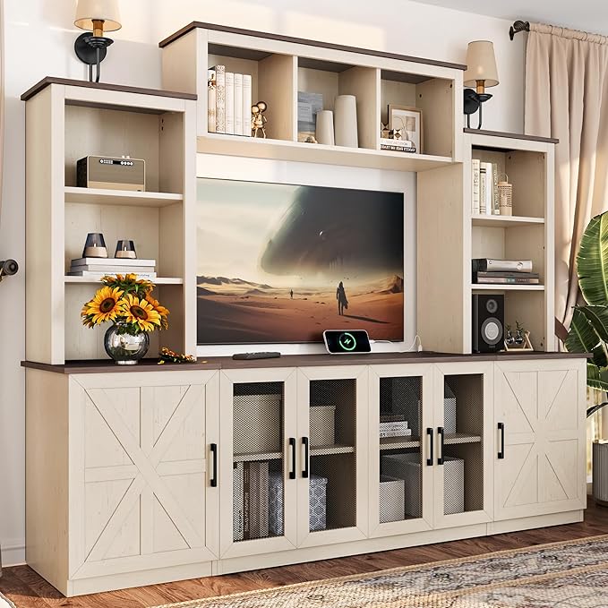 Wall Unit Entertainment Center with Charging Station and USB Charging for TVs, TV Stand with Large Storage Cabinet, Modern TV Stand Media Console with Cabinets (Beige/T)