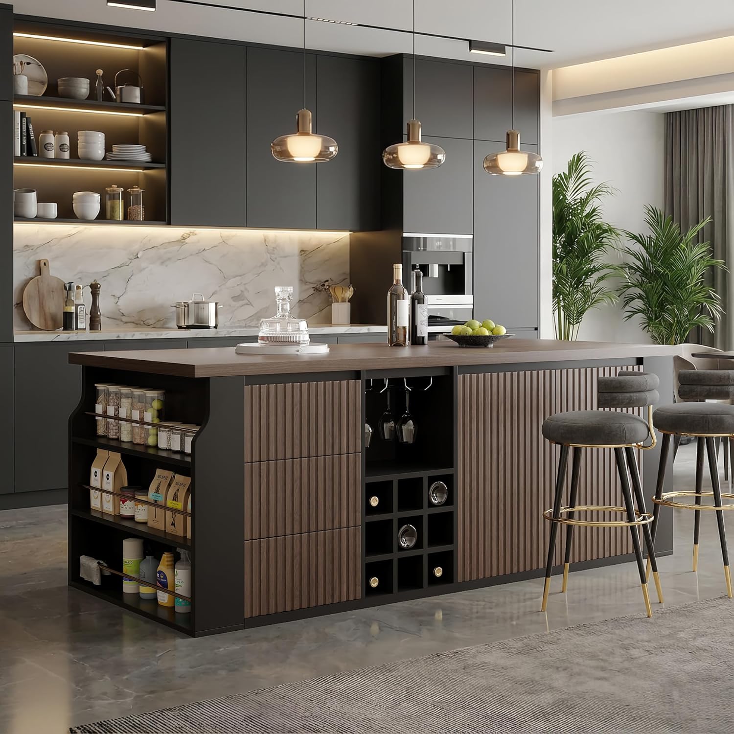 70.8 Inch Modern Multifunctional Kitchen Island Tabletop Home Bar with 3 Drawers, Wine Rack, Glass Cup Holder Adjustable Dividers for Kitchen Dining Room Family Party