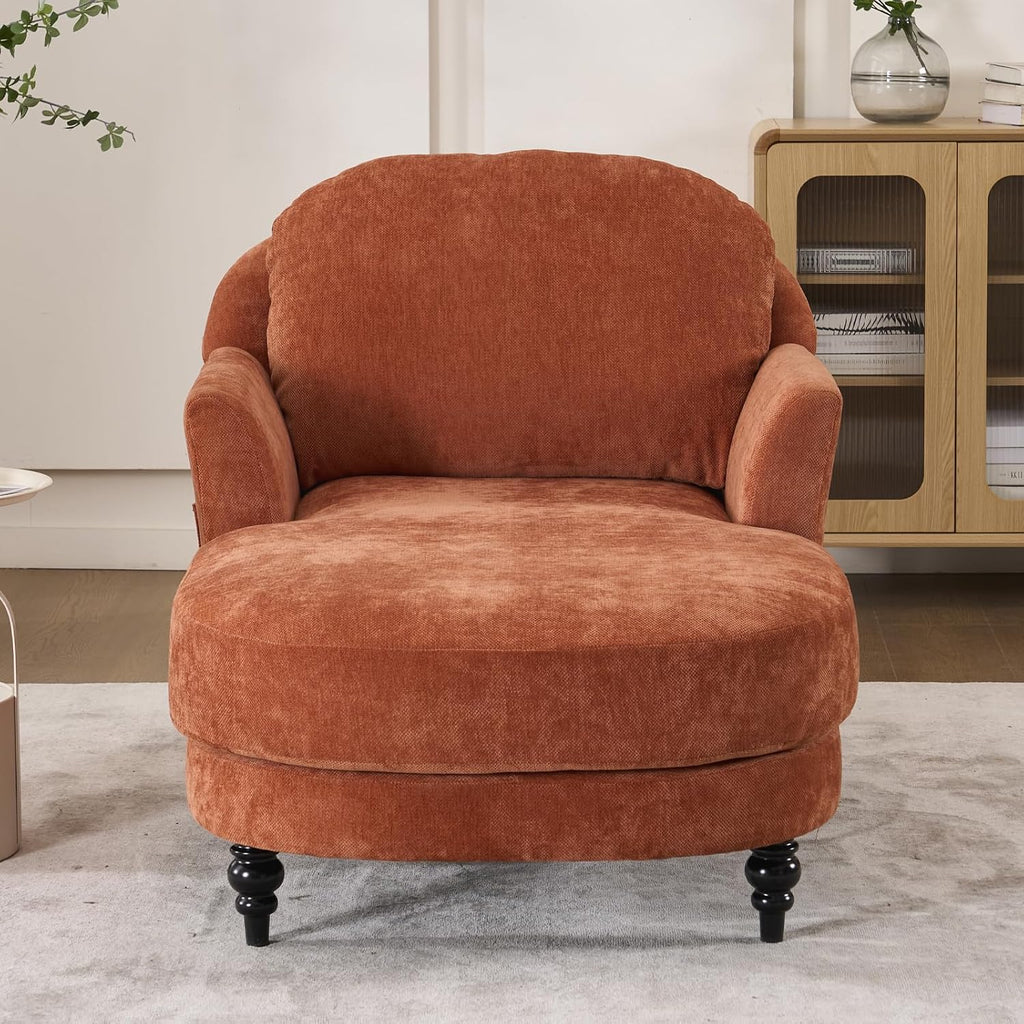 59.8" Chaise Lounge Chair Indoor, Chenille Reading Chairs | Side Pocket, Upholstered Chaise Lounge for for Bedroom, Living Room& Apartment ,Sturdy Frame, Orange
