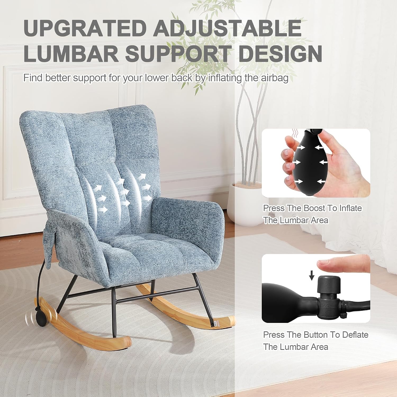 Rocking Chair Nursery, Comfy Modern Nursery Rocking Reading Chair Indoor, Cozy Upholstered Glider Rocker Chairs for Living Room Bedroom Offices, Sillas Mecedoras(Chenille, Blue)