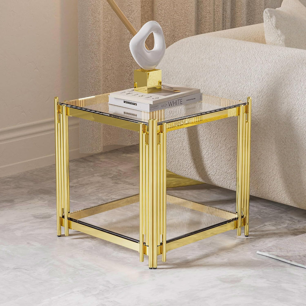 Luxury Gold Square Glass End Table, 19.7" Modern Side Table with Stainle...
