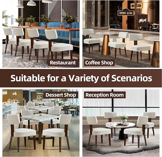Dining Chairs Set of 8, Fabric Upholstered Wood Kitchen Chairs, Armless Linen Curved Backrest Accent Chair Farmhouse Modern Dining Chairs with Foot Pad for Kitchen/Living Room/Restaurant/Cafe-Beige