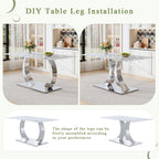 Knocbel 63" Glass Dining Table for 6-8, Kitchen Table with Faux Marble Tabletop and Stainless Steel C-Shaped Pedestal Base, Modern Rectangular Dinner for Apartment Home, Silver & Printed Glass
