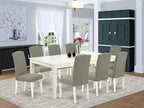 East West Furniture LGEN9-LWH-06 9 Piece Dining Set Includes a Rectangle Dining Room Table with Butterfly Leaf and 8 Dark Shitake Linen Fabric Upholstered Chairs, 42x84 Inch, Linen White