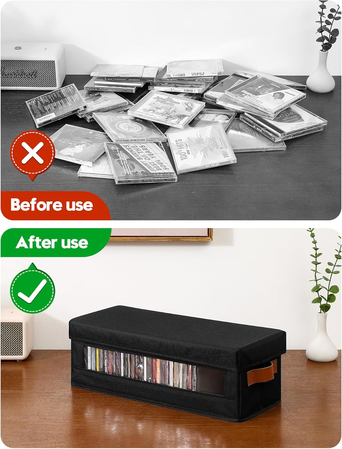 4 Packs CD Storage Box with Visible Window, Stackable CD Case Holder with Dustproof Lid and Handles, Holds Up to 148 CDs in Full Jewel Cases-15.75 x 6.10 x 5.31 Inches-Black