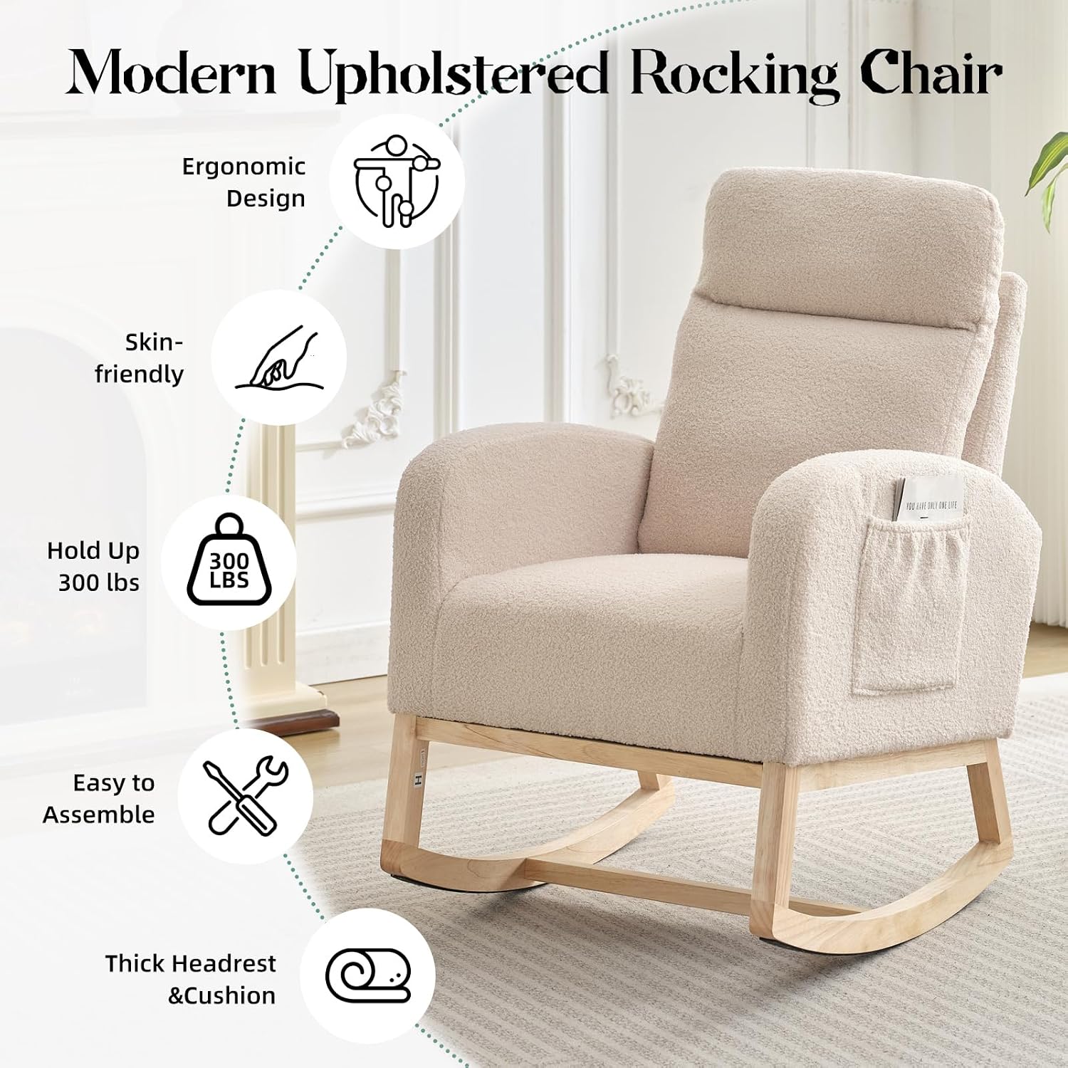 Rocking Chair Nursery, Modern Upholstered Glider Rocker with Side Pocket, High Backrest Padded Seat Accent Armchair for Living Room, Nursery, Bedroom