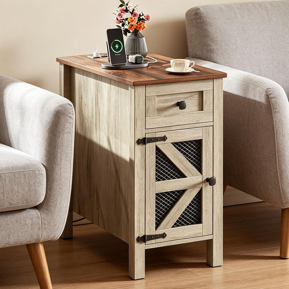 HAIOOU Farmhouse End Table with Charging Station, Narrow Side Tables with Sto...