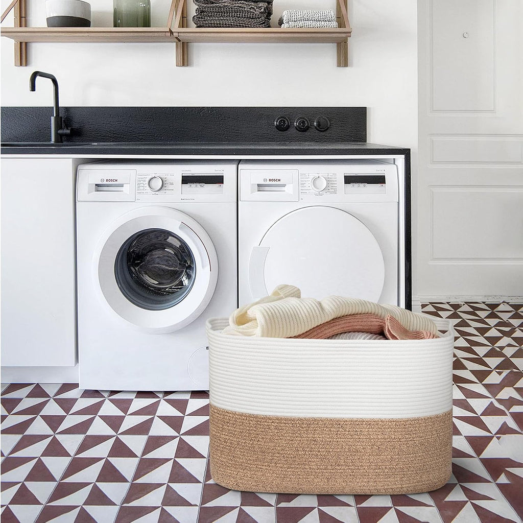 MEGASKET 108L Super Large Blanket Basket, 25" x 16" x 16" Woven Jumbo Basket for Blankets, Toys, Laundry, Extra Large Cotton Rope Pillow Holder Organizer, Entryway Shoes Bin, Living Room Storage