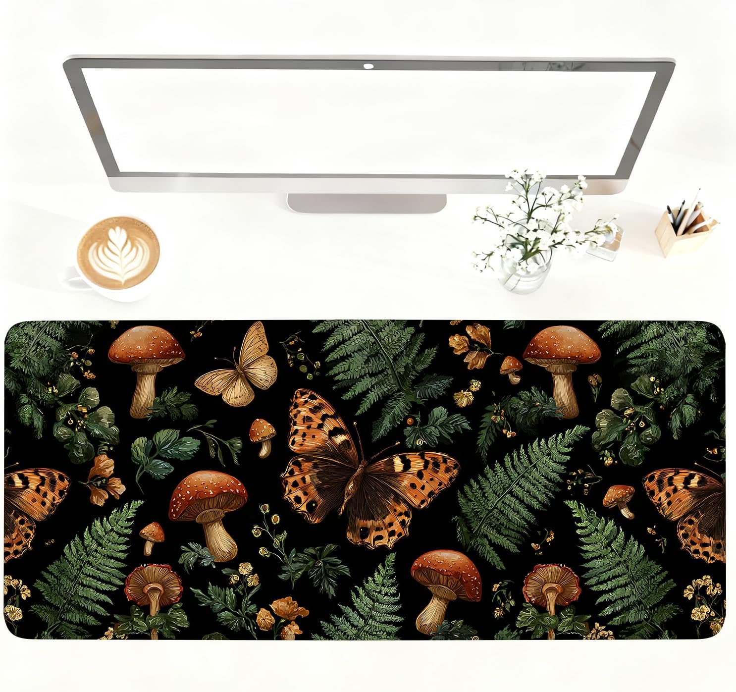 Vintage Butterfly Mushroom Mouse Pad – Large Extended Desk Mat 35.43 x 15.75 in – Dark Forest Aesthetic with Ferns & Fungi, Waterproof Surface, Non-Slip Rubber Base, Keyboard & Mouse Pad