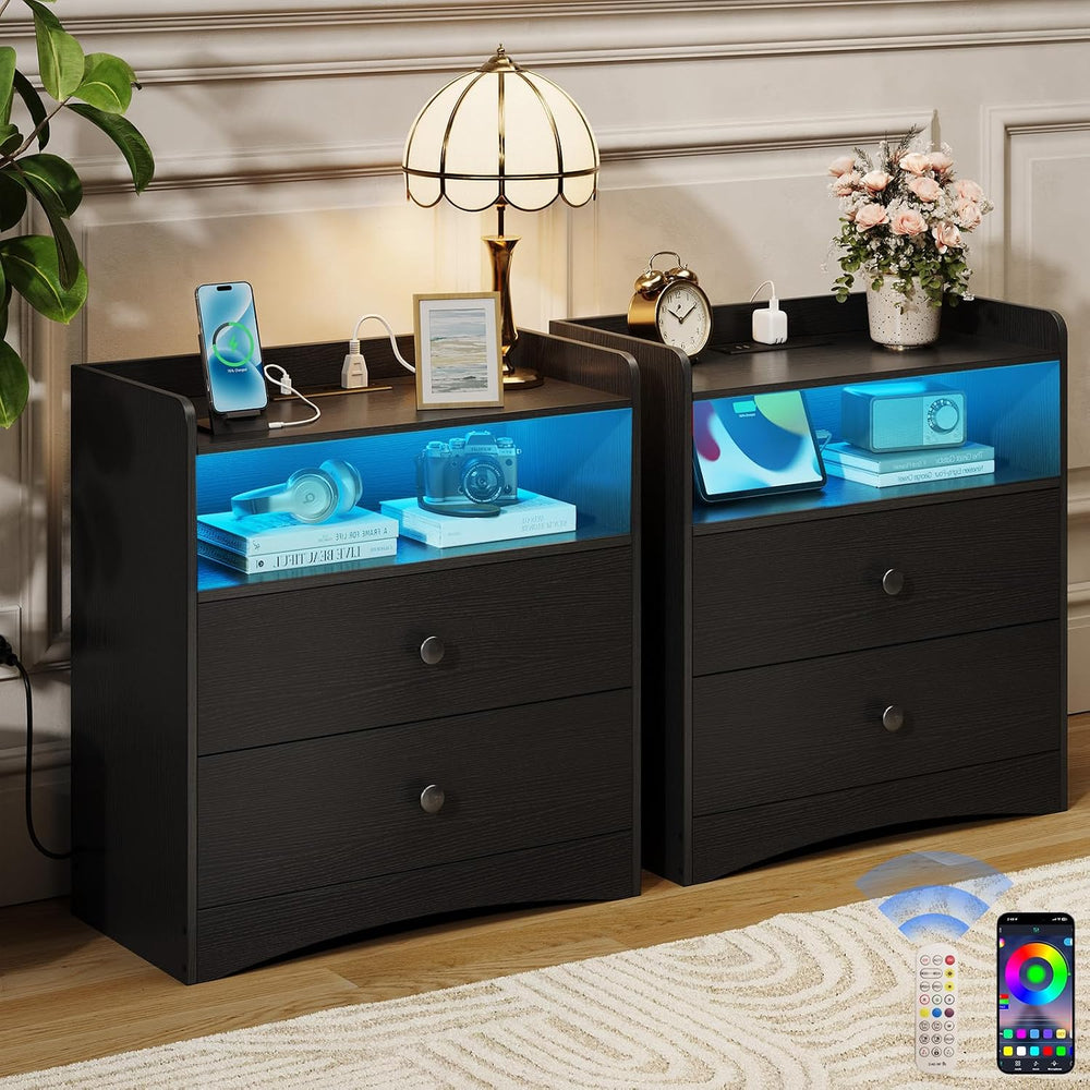 Memobarco 2 Pack Nightstand with Charging Station and LED Light, Black | Mode...