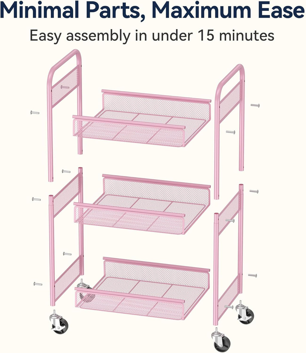 YASONIC 3 Tier Rolling Cart – Metal Utility Storage Cart with Wheels, Craft Cart Organizer with Hanging Cups, Hooks, Mesh Basket for Bedside Kitchen Office Art, Pink