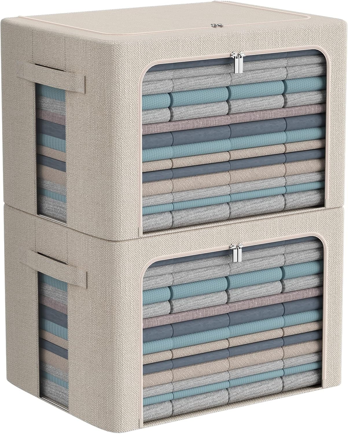 CYhom Clothes Storage Bins Box - Linen Fabric Foldable Stackable Container Organizer Set with Clear Window & Carry Handles & Metal Frame - 2Pack Large Capacity for Bedding, Blankets, Books