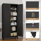 75" Tall Kitchen Storage Cabinets with 5 Adjustable Shelves, Black | Metal Storage Cabinet, Pantry with Louvered Doors, Large Cupboard, Locker for Kitchen, Office, School, Living Room, Dining