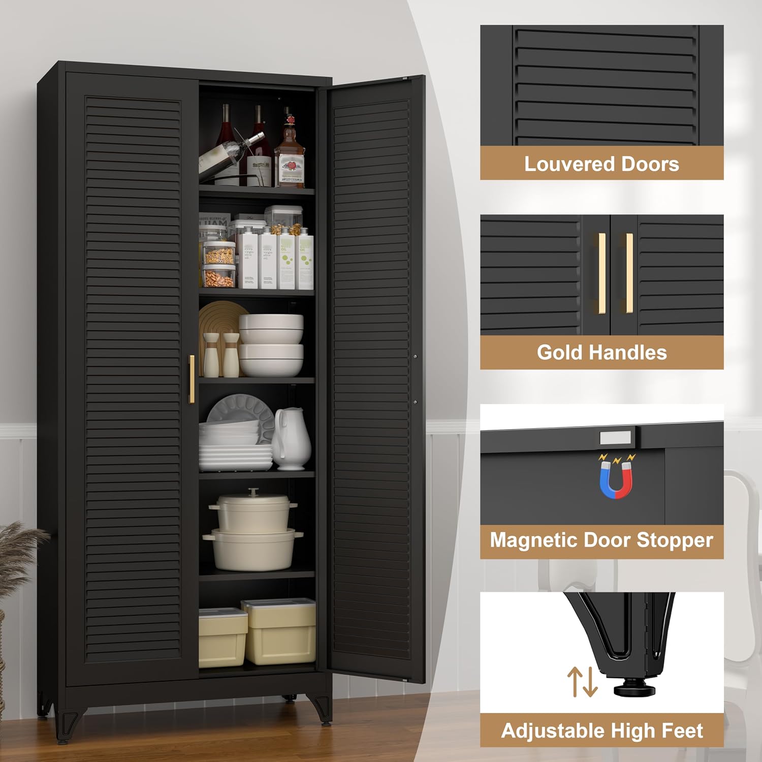 75" Tall Kitchen Storage Cabinets with 5 Adjustable Shelves, Black | Metal Storage Cabinet, Pantry with Louvered Doors, Large Cupboard, Locker for Kitchen, Office, School, Living Room, Dining