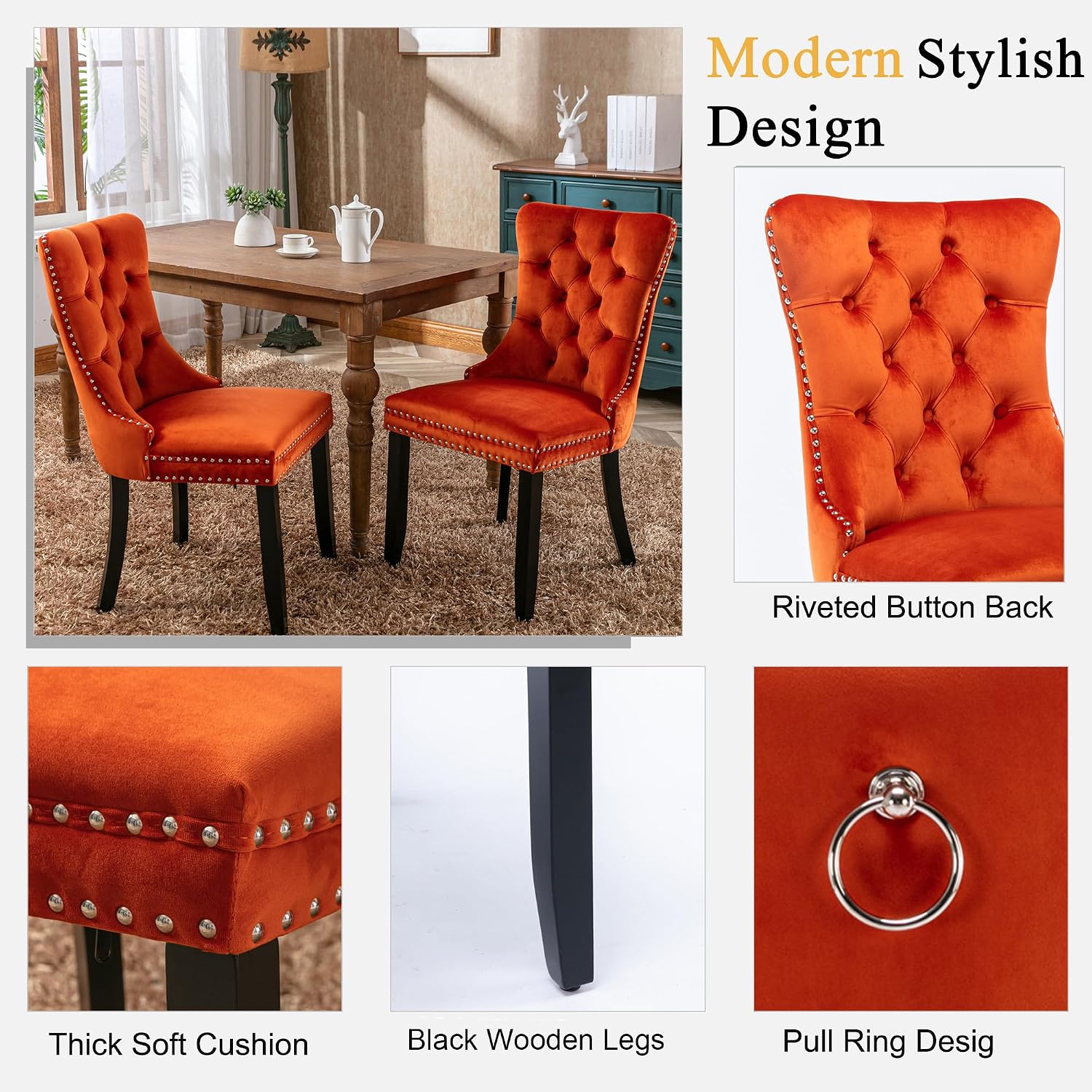 Extendable Dining Table Set for 8, 78.74" Expandable Dining Table with 8 Orange Upholstered Tufted Chairs, Large Wooden Expanding Kitchen Table and Chairs Set of 8, 9 Piece Extendable Dining Table Set