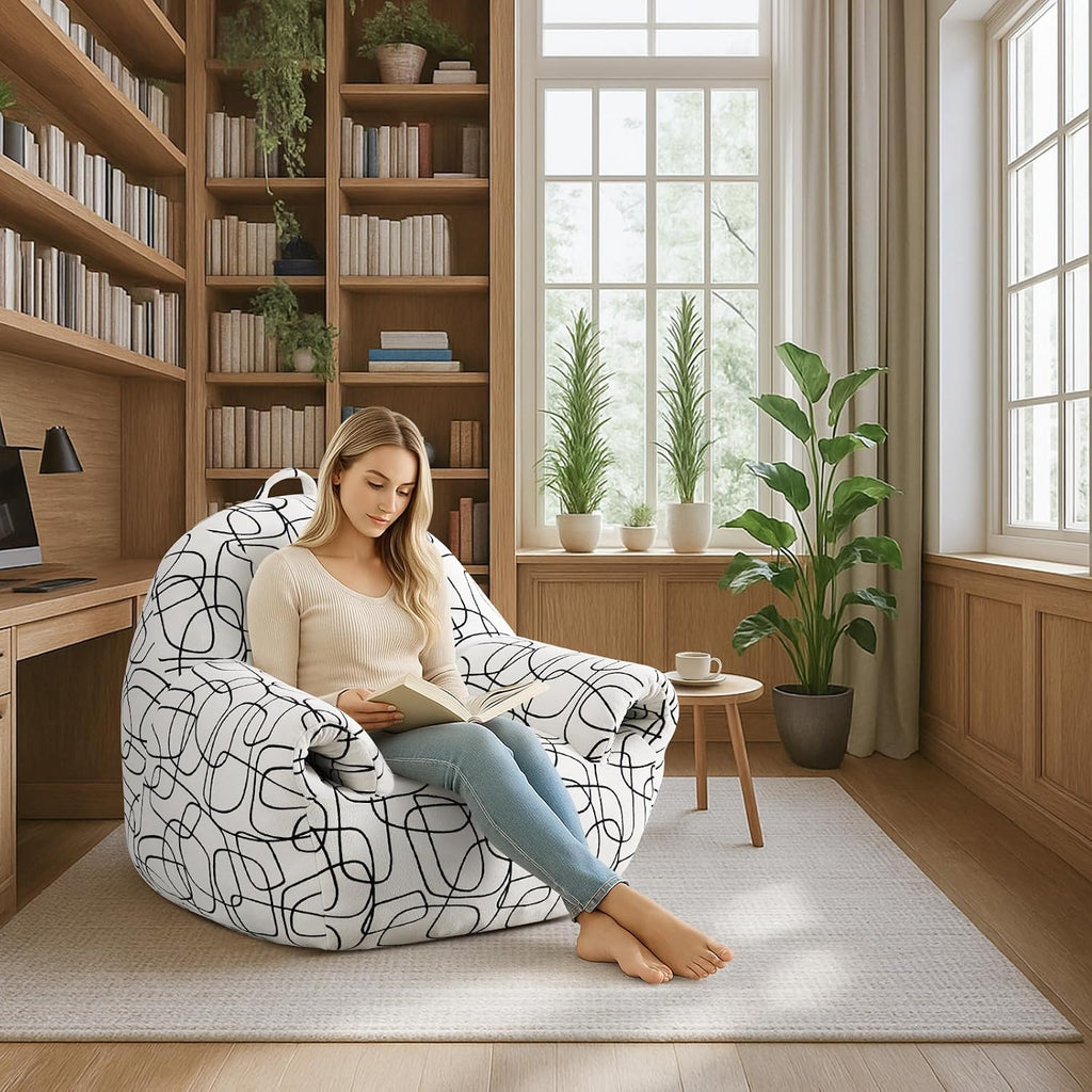 Peace nest Bean Bag Chair with Memory Foam Filled Ultra Soft Jacquard Pattern Cover for Adults Comfy Fur Bean Bag Chairs with Armrests for Bedroom Living Room Office Dorm Reading Lines