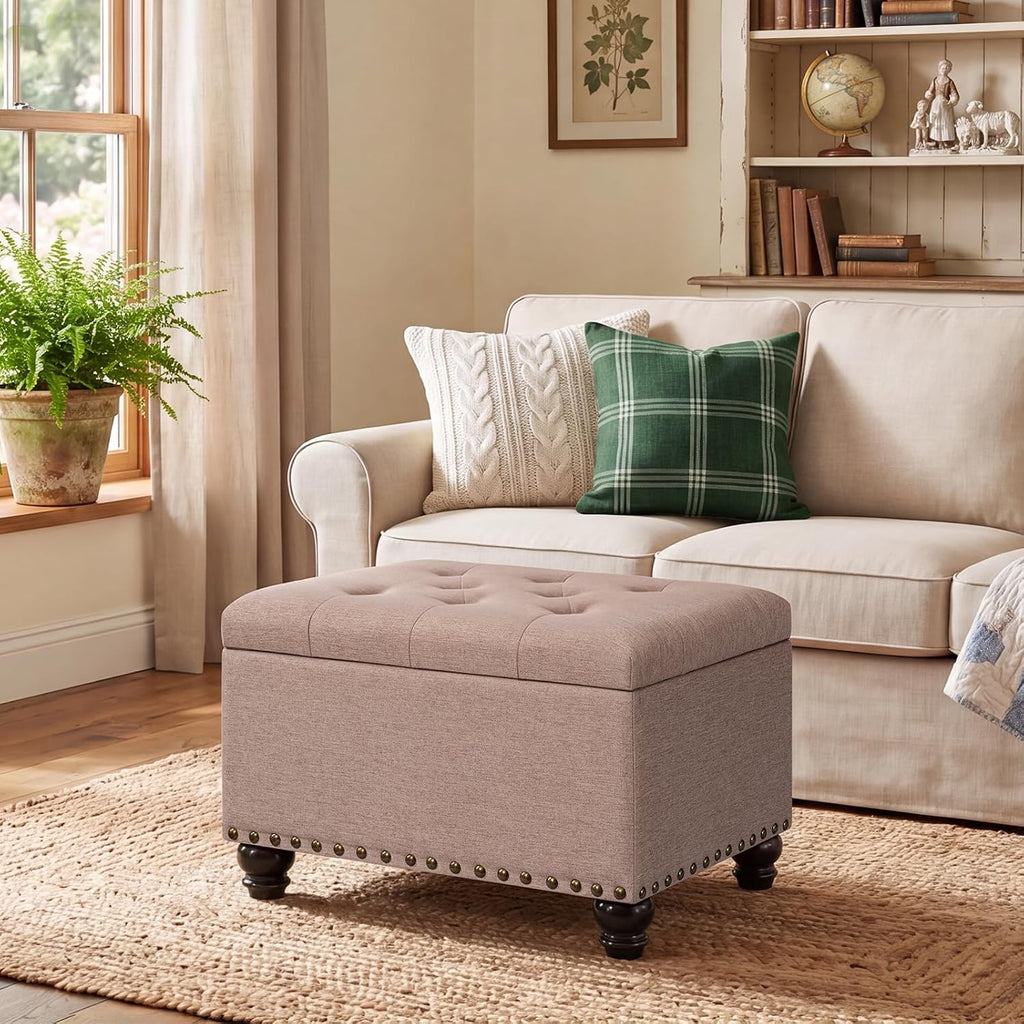 Ottoman with Storage, Fabric Ottoman Foot Rest 24" Rectangle Tufted Foot Stools Ottomans with Hinged Lid Upholstered Button Ottomans for Bedroom Living Room Entryway, Taupe