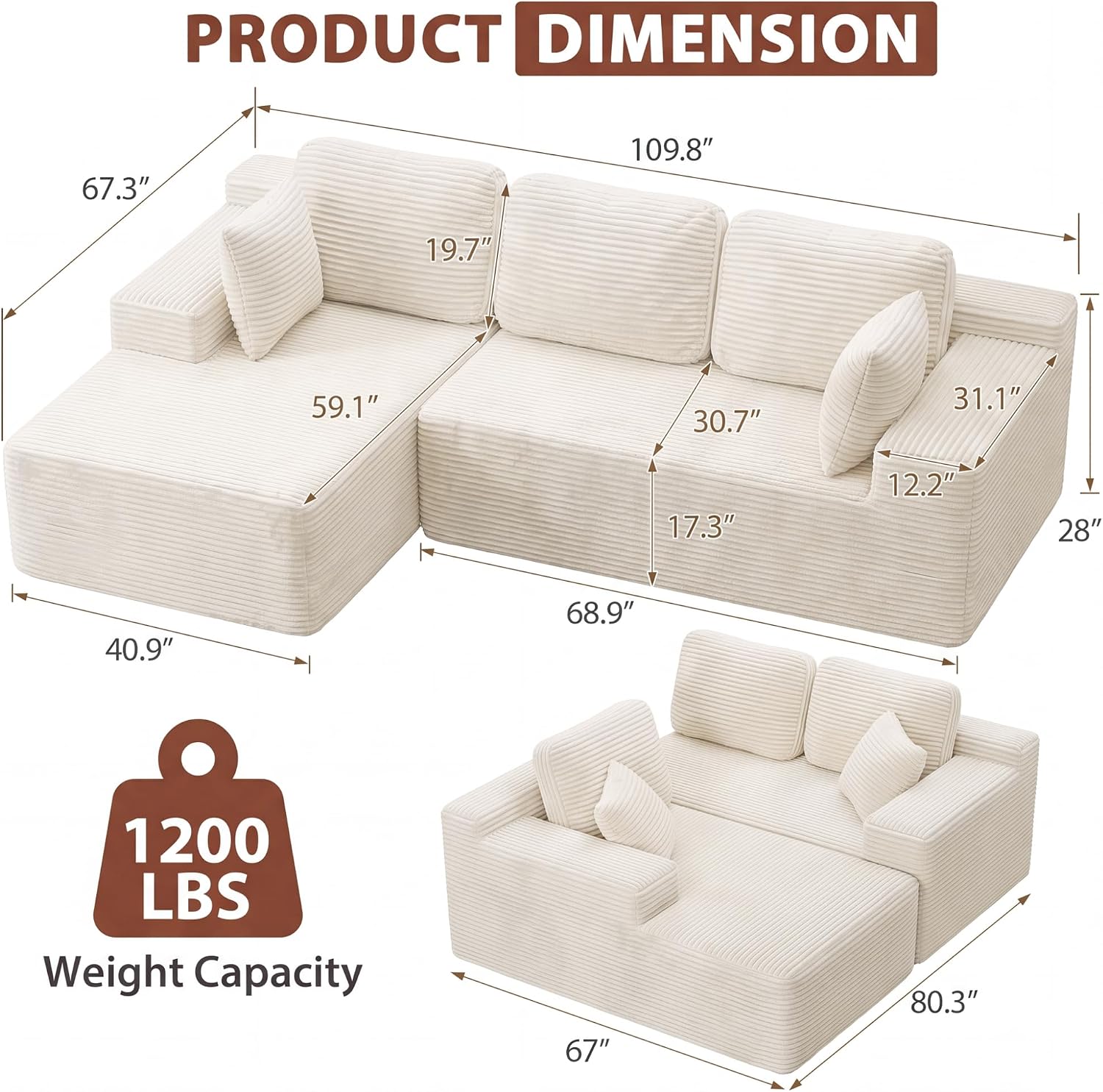 Homall 110" Boneless Sectional Couch, Modular Sectional Sofa L-Shape Couch with Deep Seat, Cloud Comfy Boneless Couch for Living Room, No Assembly Required (Corduroy, Beige)