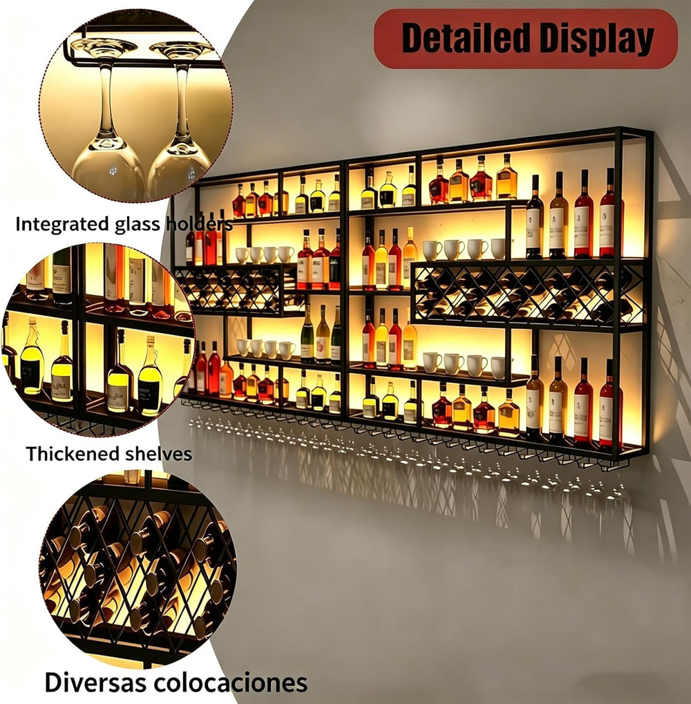 LED Wall Mounted Wine Rack with Glass Holder, Iron Bar Shelf | Warm LED Backl...