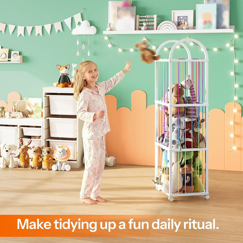 HOOBRO Stuffed Animal Storage, Kids Toy Zoo Storage Organizer with Wheels and Elastic Band, Large Stuffed Animals Holder for Nursery, Playroom, Living Room, White WT128CW01