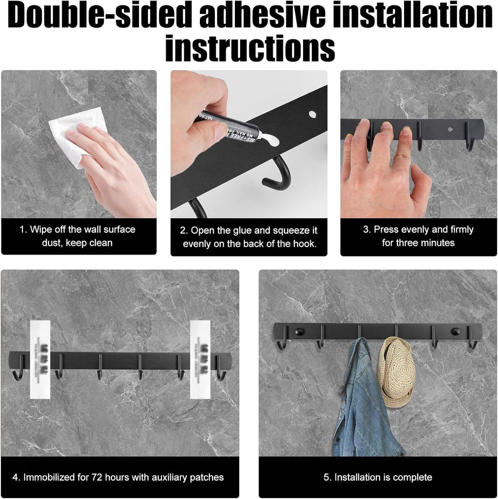 2 Pack Coat Rack Wall Mount, 12.6 in Wall Hooks for Hanging, 6 Coat Hooks for Hanging Coats Hats Towels Keys and Bags, Closet and Entryway Hanger for Bathroom Bedroom Kitchen (Black)