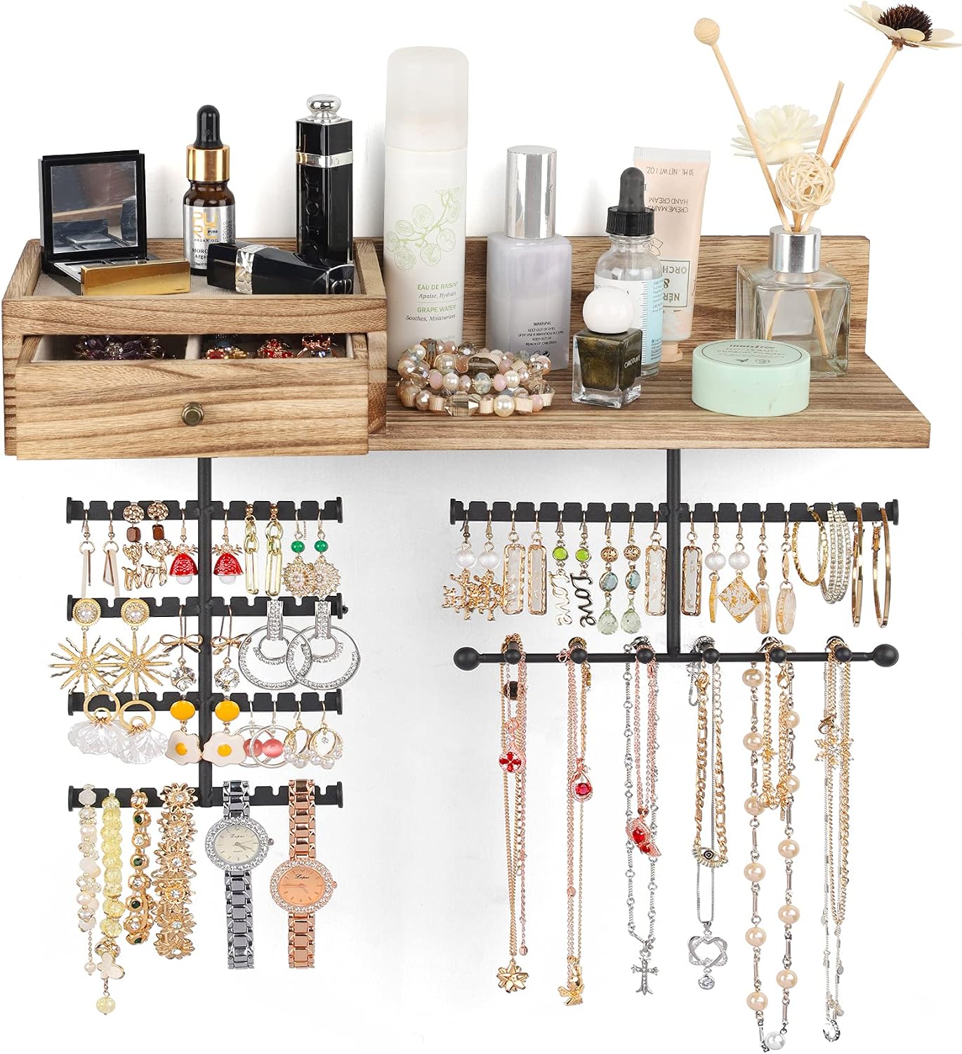 VINAEMO Jewelry Organizer Hanging Wall Mounted Jewelry Holder with Rustic Wood Drawer & Large Capacity Storage Shelf Rack Display for Earrings Rings Necklaces Bracelet