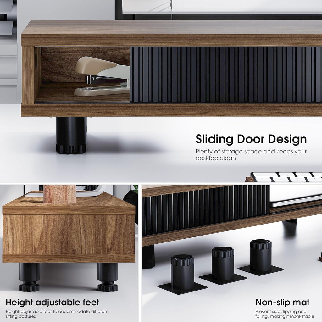 Fenge Dual Monitor Stand, 42.5inch Long Monitor Stands Riser for 2 Monitors, Sliding Door with Storage Organizer Stand for Desk, 2 Tier Desk Shelf for Laptop, Pc, Printer, Computer, TV
