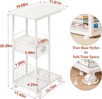 Rolling Side Table with Storage Drawer, White Bedside Table with Wheels, TV Tray for Sofa, Portable Desk on Wheels, Modern Night Stand, Overbed Table for Bedroom, C Shaped End Tables Living Room
