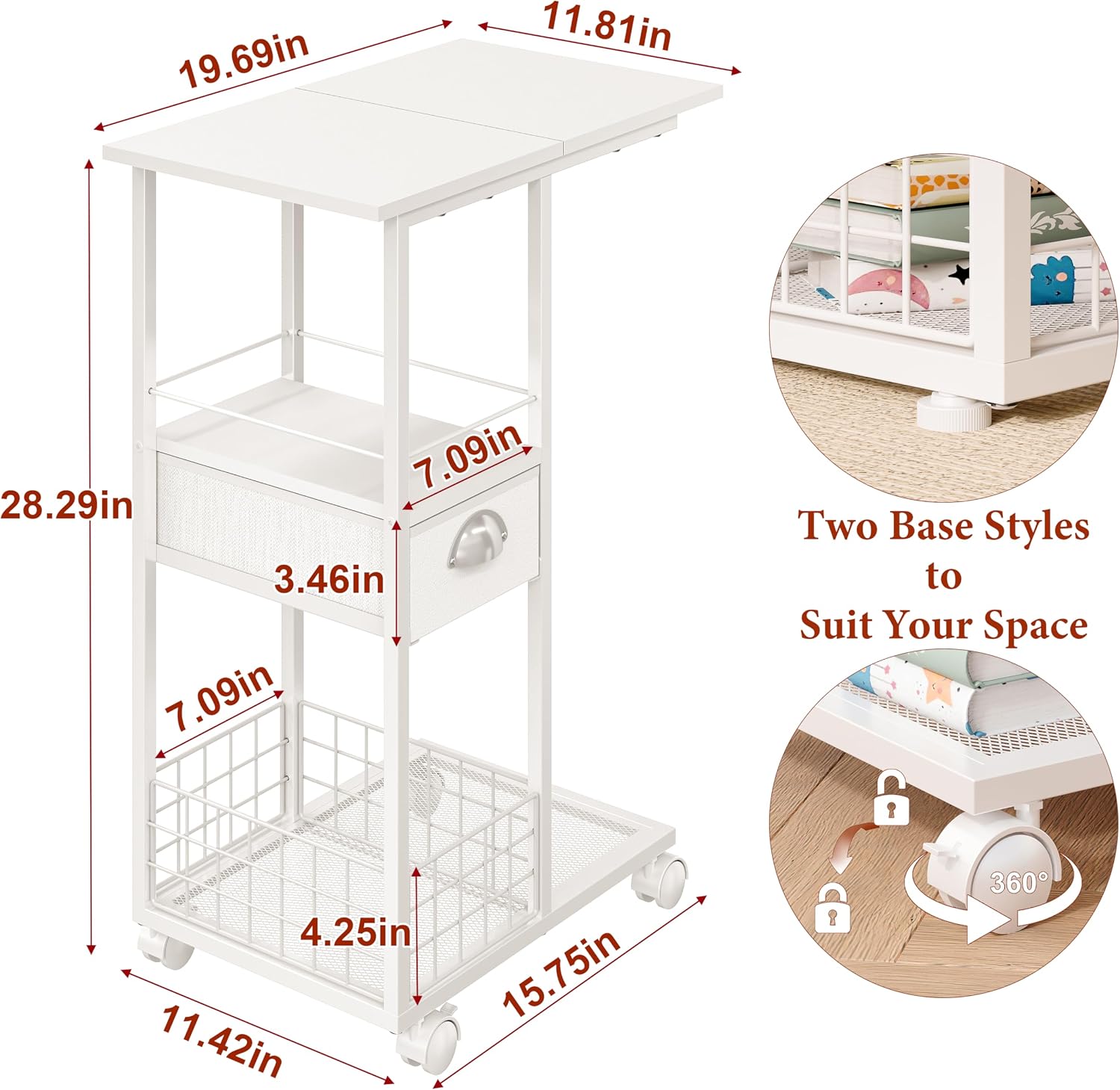 Rolling Side Table with Storage Drawer, White Bedside Table with Wheels, TV Tray for Sofa, Portable Desk on Wheels, Modern Night Stand, Overbed Table for Bedroom, C Shaped End Tables Living Room