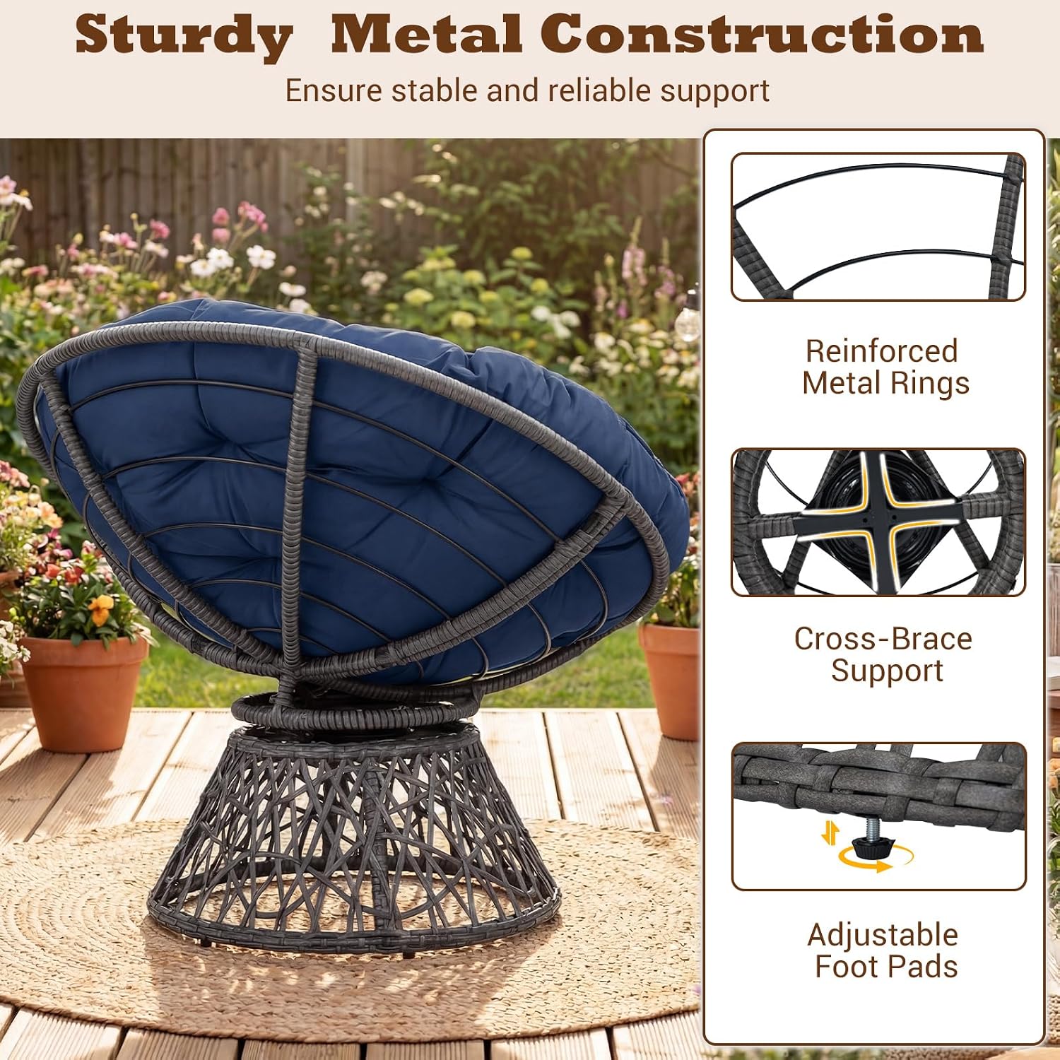 Giantex Wicker Papasan Chair with Soft Thick Cushion and High Capacity Metal Frame, 360° Swivel Ergonomic Lounge Reading Chair for Living Room, Bedroom, Patio, Indoor Outdoor Use (Navy Blue)
