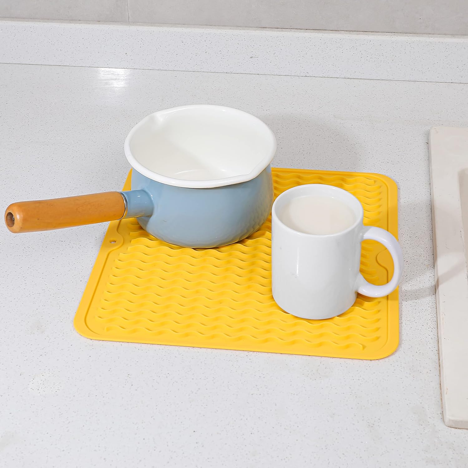 Silicone Dish Drying Mat for Multiple Usage,Easy clean,Eco-friendly,Heat-resistant Silicone Mat for Kitchen Counter or Sink,Refrigerator or Drawer liner Yellow M 12 inches x 12 inches