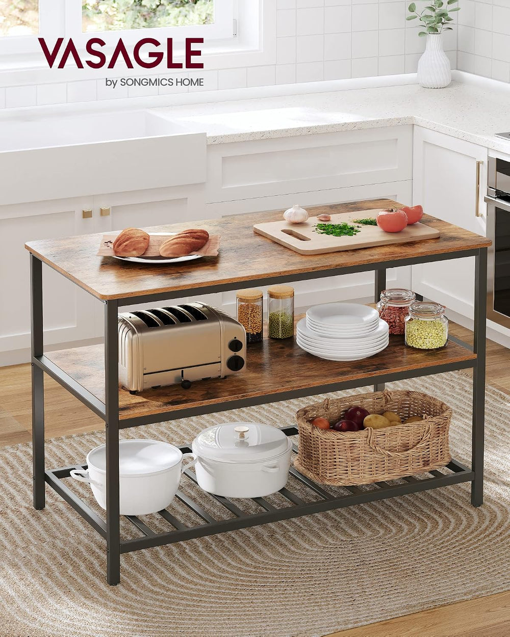 VASAGLE Kitchen Island with 3 Shelves, 47.2 Inches Width Kitchen Shelf with L...