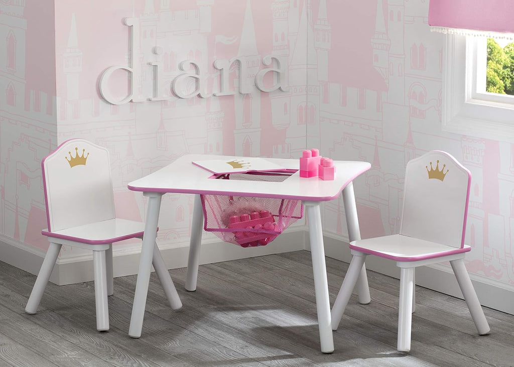 Delta Children Princess Crown Kids Wood Table and Chair Set with Storage - Greenguard Gold Certified, White/Pink