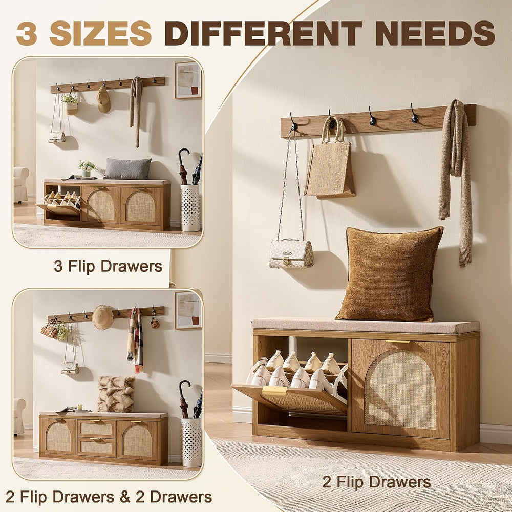 Rattan Narrow Entryway Bench with Shoe Storage, 2 Flip Drawers & Coat Rac...