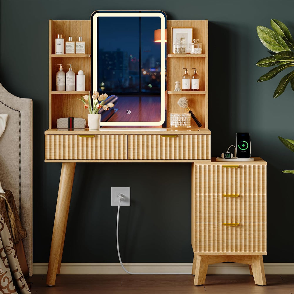Vanity Desk With HD Lighted Mirror and Lights, Fluted Small Makeup Vanity wit...