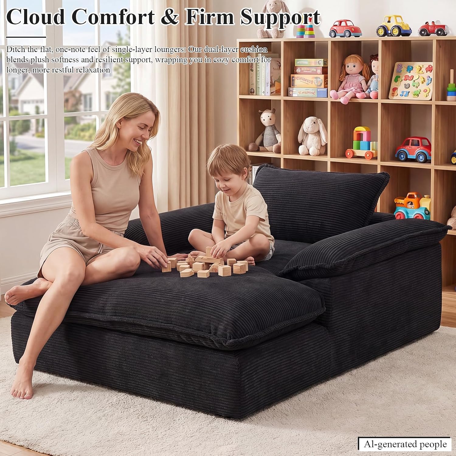 67" Chaise Lounge Chair Indoor, Oversized Boneless Chaise Lounge | Deep Seat Reading Chair | Large Dual-Layer Cushion | Wide Armrests | Corduroy Boneless Couches for Living Room Bedroom, Black