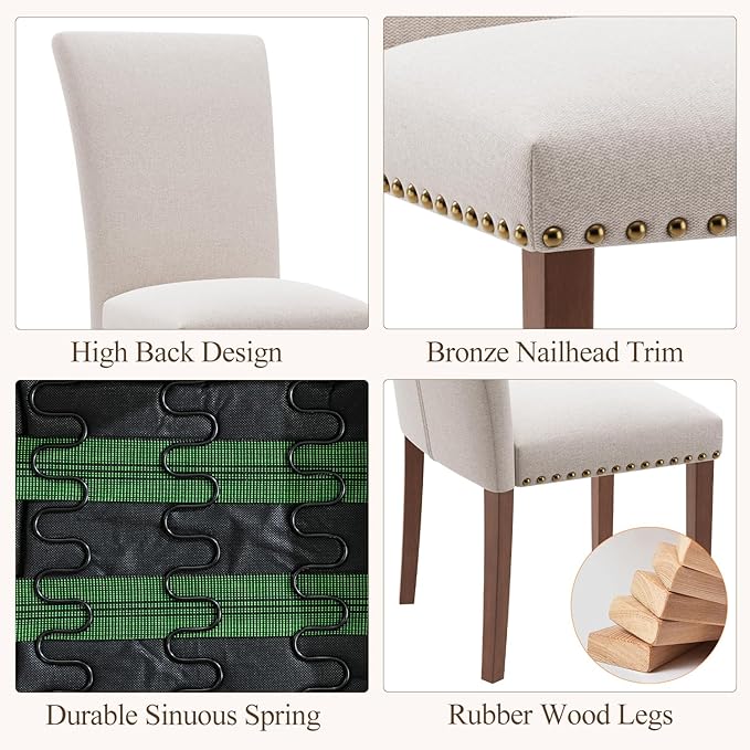 Stylish Dining Chairs Set of 6, Upholstered Parsons Dining Room Chair with Nailhead Trim, Kitchen Room Chair with Thick Cushions and Wood Legs, Nailhead Trim, Beige