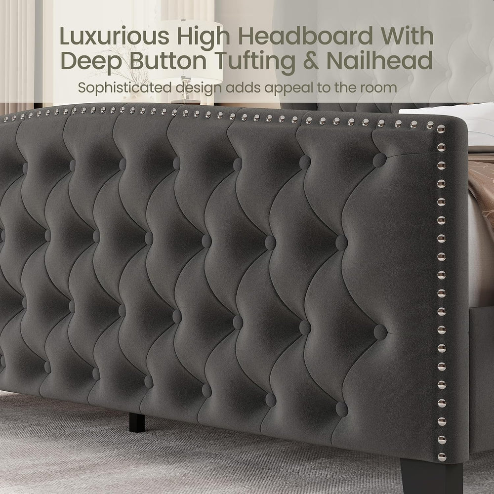 LARMACE King Size Bed Frame Velvet Upholstered Platform Bed with Wingback Hea...