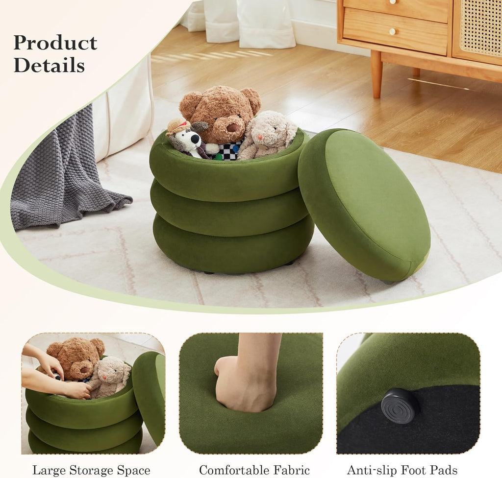 19.5 Inch Round Storage Ottoman, Modern Velvet Ottoman Coffee Table with Removable Top, Green Vanity Stool with Storage for Bedroom, Living Room, Dorm, Set of 2
