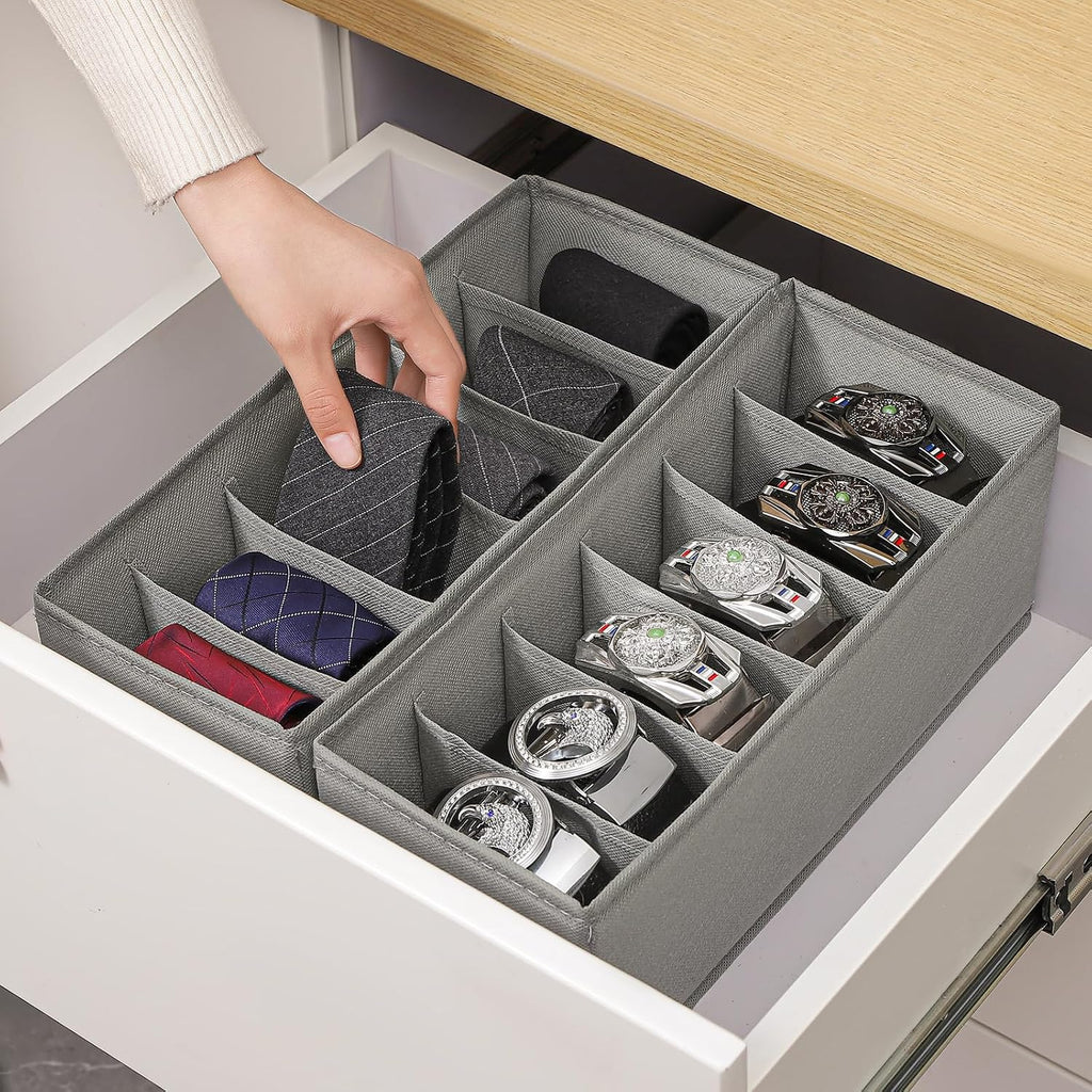 3 Packs Fabric Belt Organizer for Closet and Drawer, Foldable 6 Grids Dresser Drawer Organizers, Belt Tie Holder, Tie Box-Grey