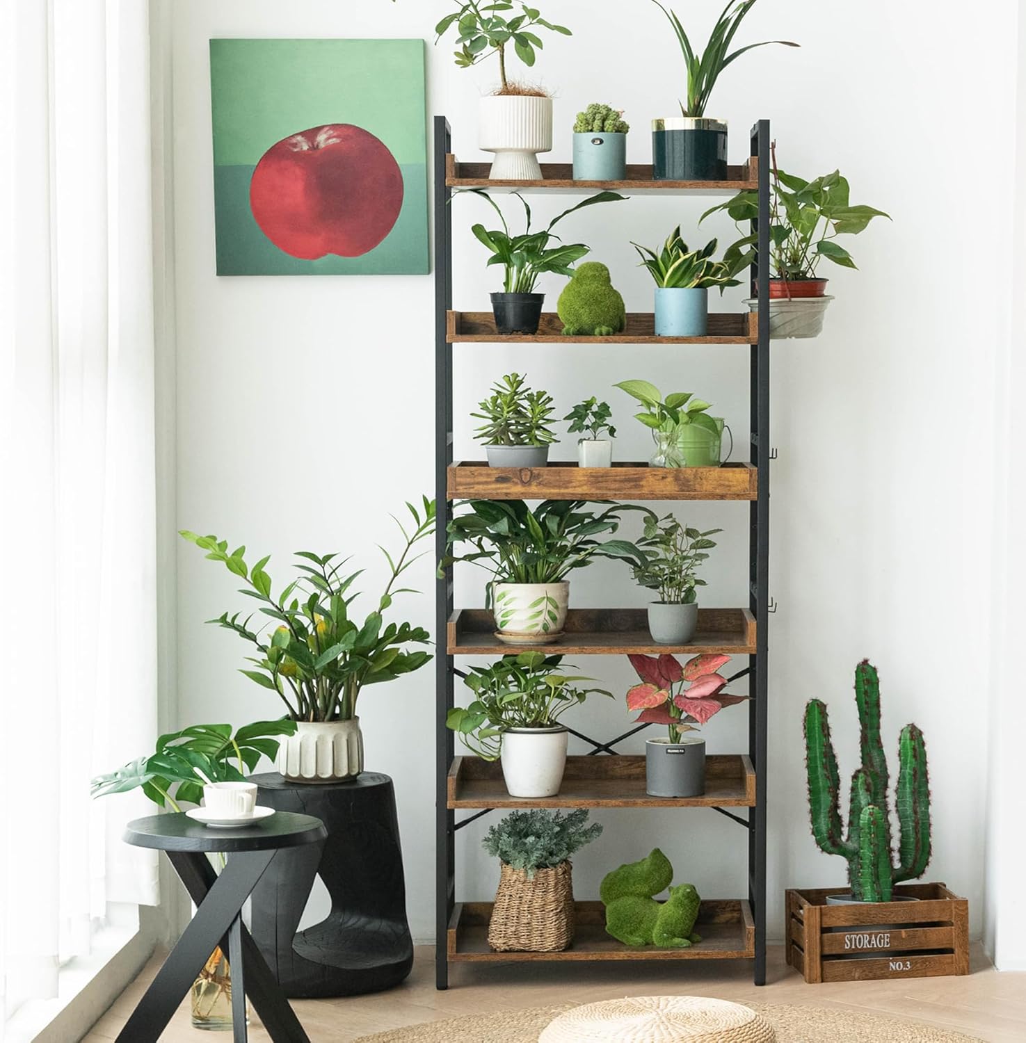 HCHQHS Adjustable 6 Tier Open Bookcase, Rustic Farmhouse Book Shelves, Industrial Wood and Black Metal Bookshelves, Mid Century Bookcase for Home Office Living Room Bedroom