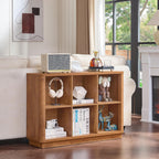 6 Cube Storage Organizer, 40" Wide Low Horizontal Book Shelf with Curved Edge, Floor Standing 2-Tier Wooden Bookshelf with Base, Modern Short Lattice Bookcase for Bedroom, Home Office, Brown