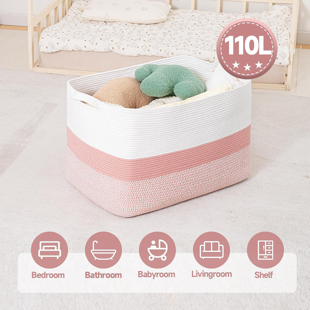 CLHMILY&Z Stylish Square Cotton Rope Storage Basket (Pink & White, 110L)