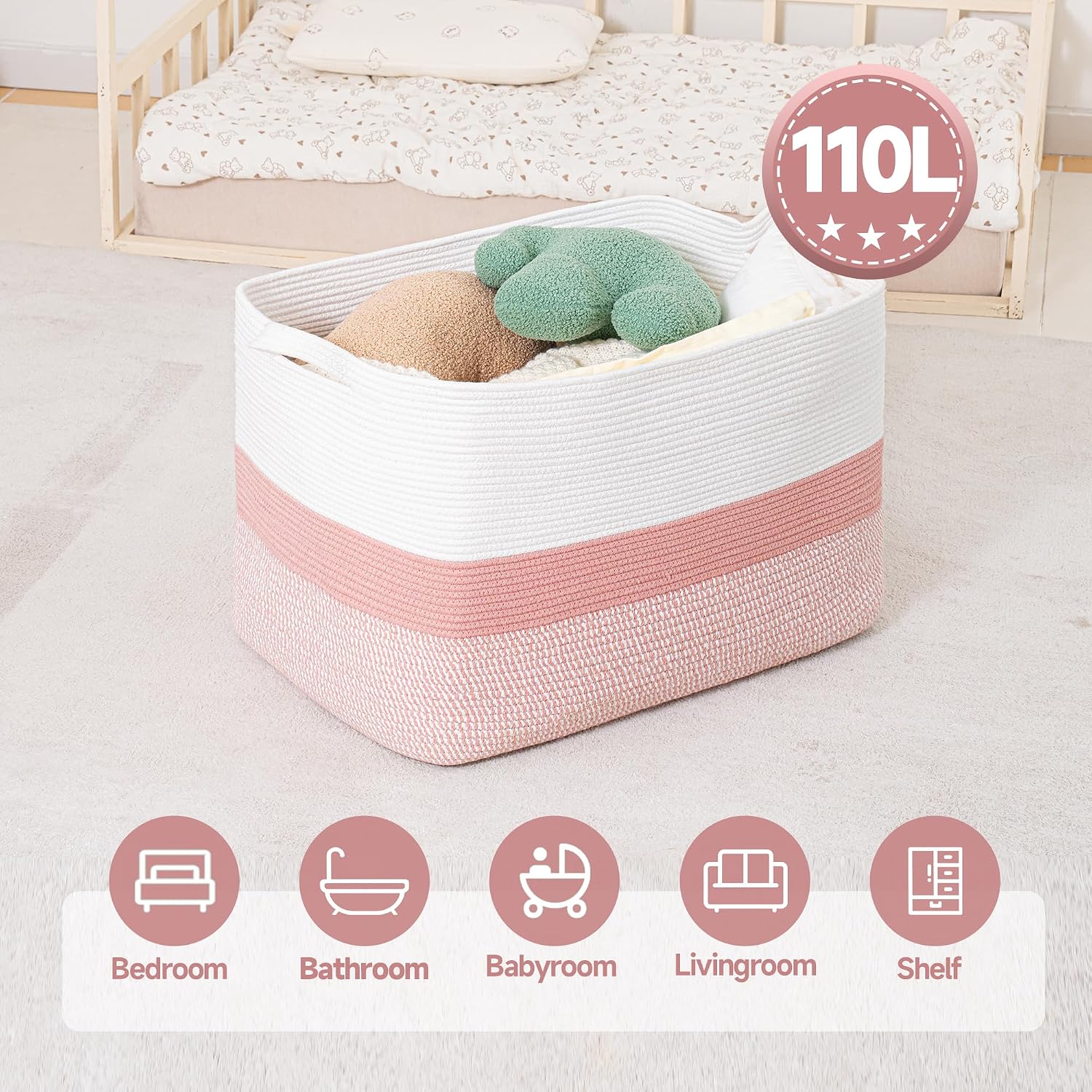 CLHMILY&Z Stylish Square Cotton Rope Storage Basket (Pink & White, 110L)
