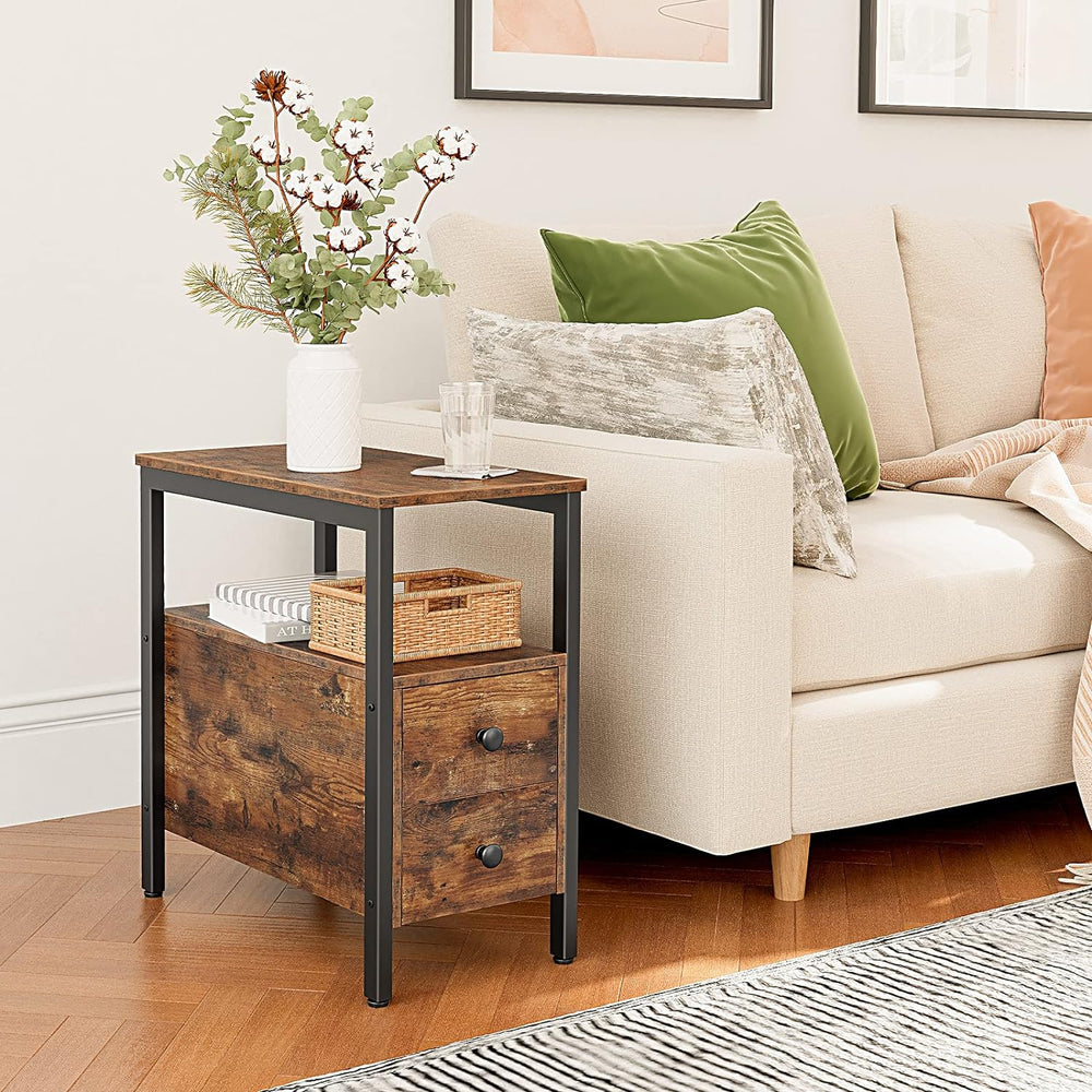 HOOBRO End Table, Narrow Chairside Table with Drawer and Open Storage Shelf, ...