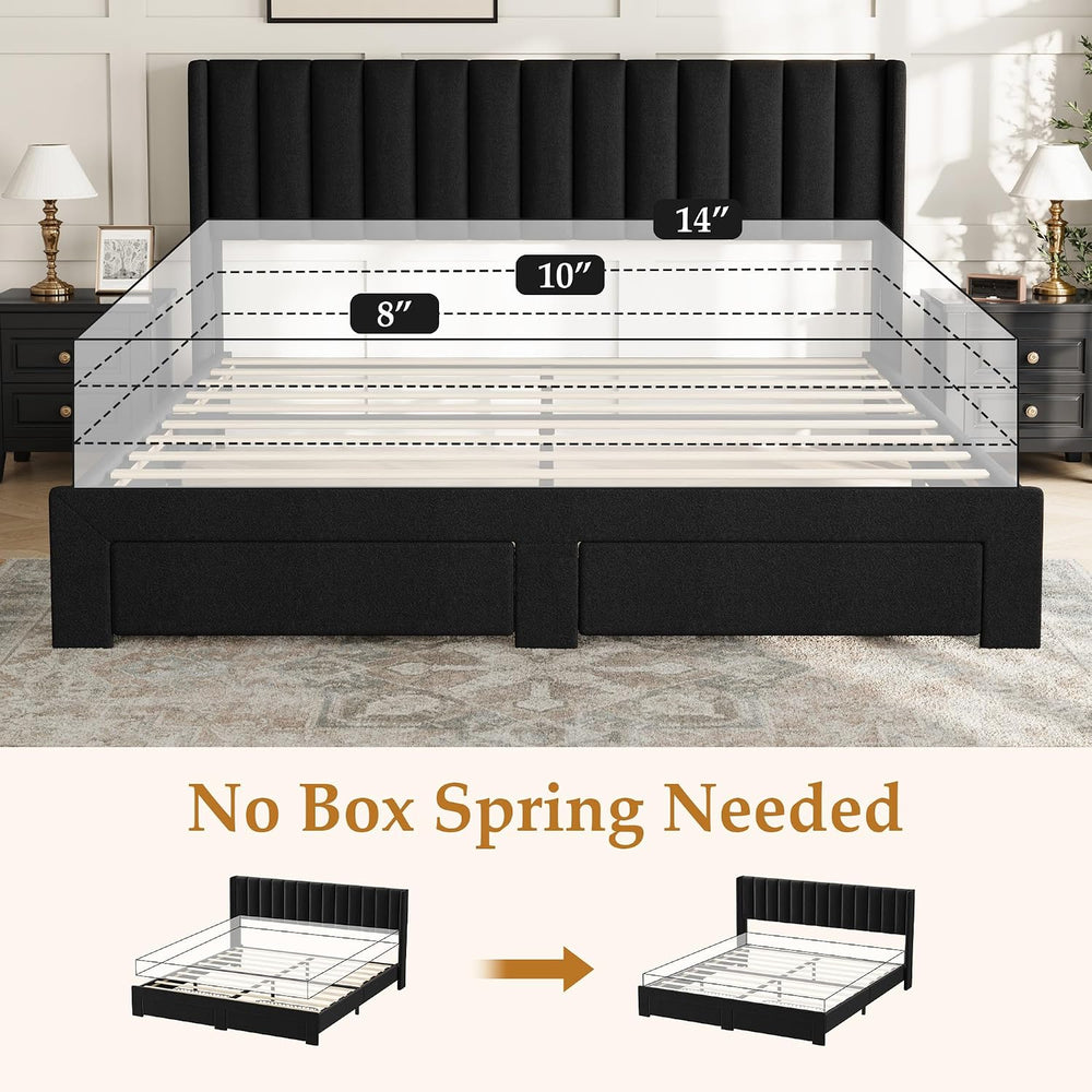Takywep Upholstered Platform Bed with Wingback Headboard and 2 Drawer, King