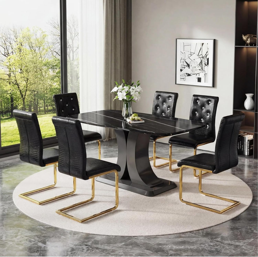 Modern Dining Table Set for 6, Faux Marble Kitchen Table Chairs Set, 63"...