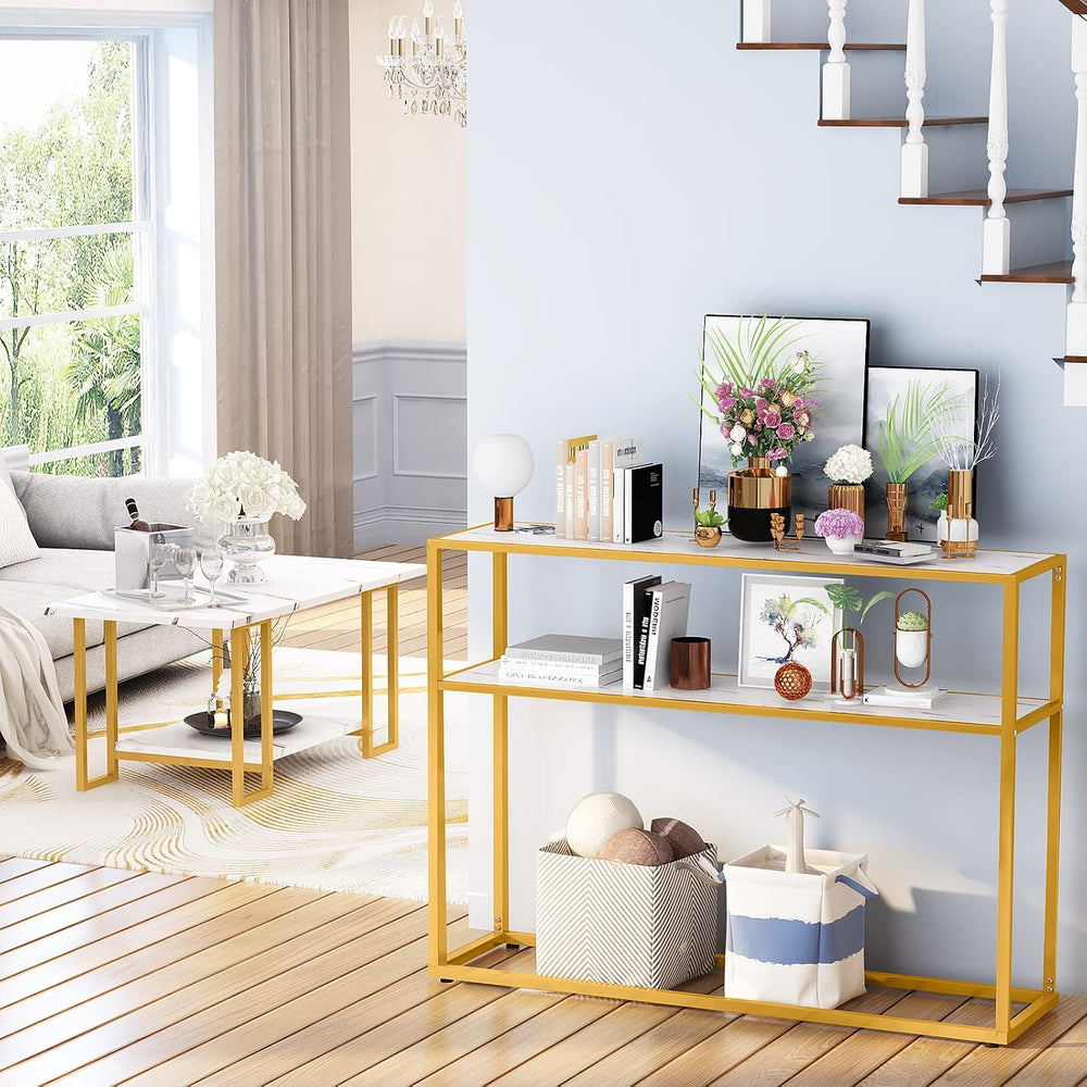 AWQM 3pcs Living Room Table Set, Faux Marble White Coffee Table & 3-Tier ...