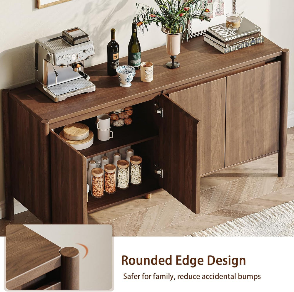 59" Wide Walnut Buffet Cabinet Storage,4 Doors and Adjustable Shelves,So...